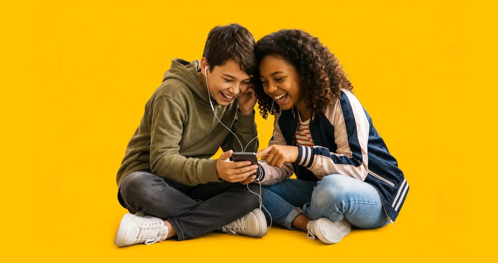 Two kids looking at a shared mobile phone laughing