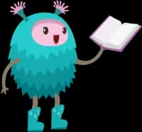 cute blue creature with a book for elementary students