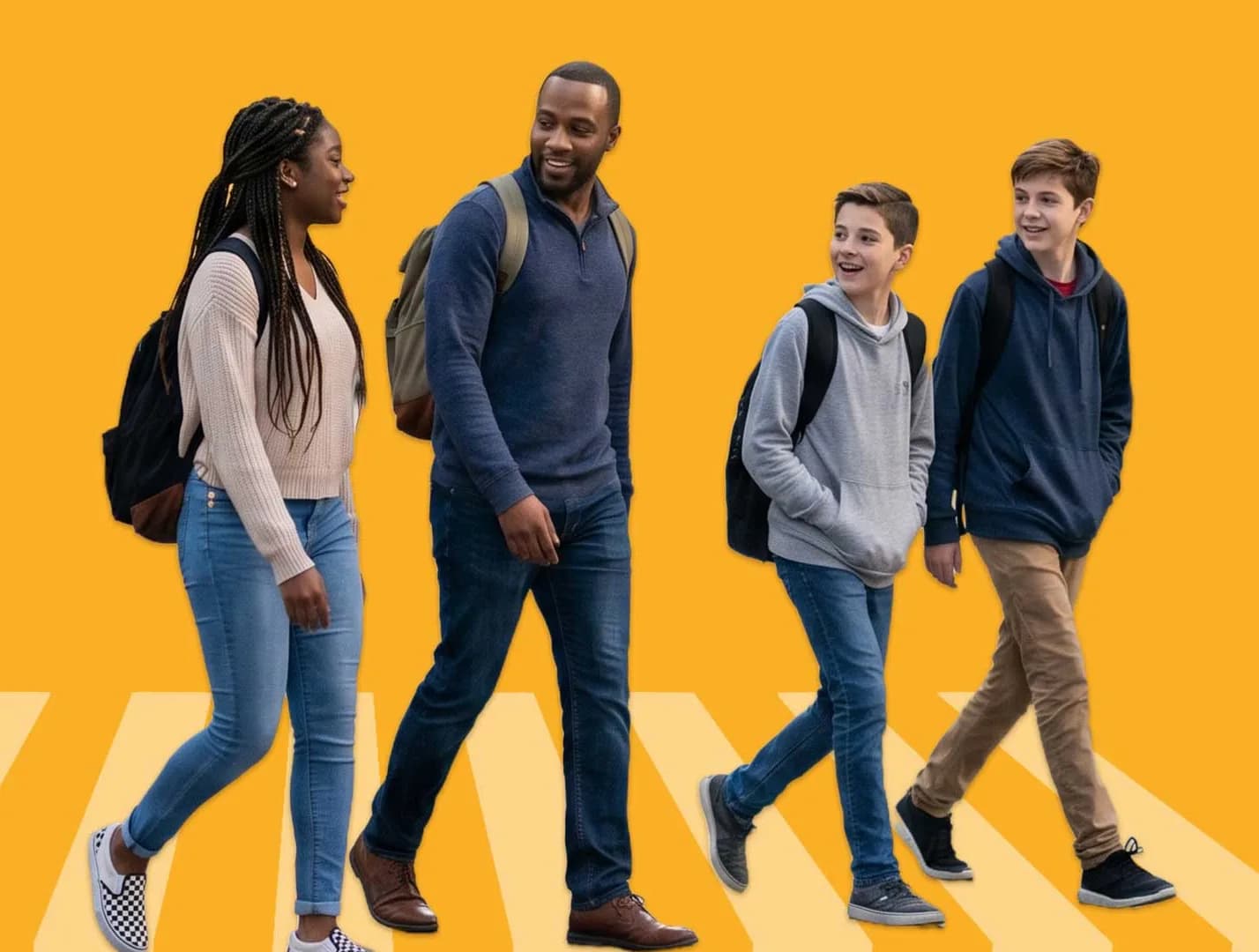 a group of people, one middle school student, two elementary school students, and a teacher are walking and talking.